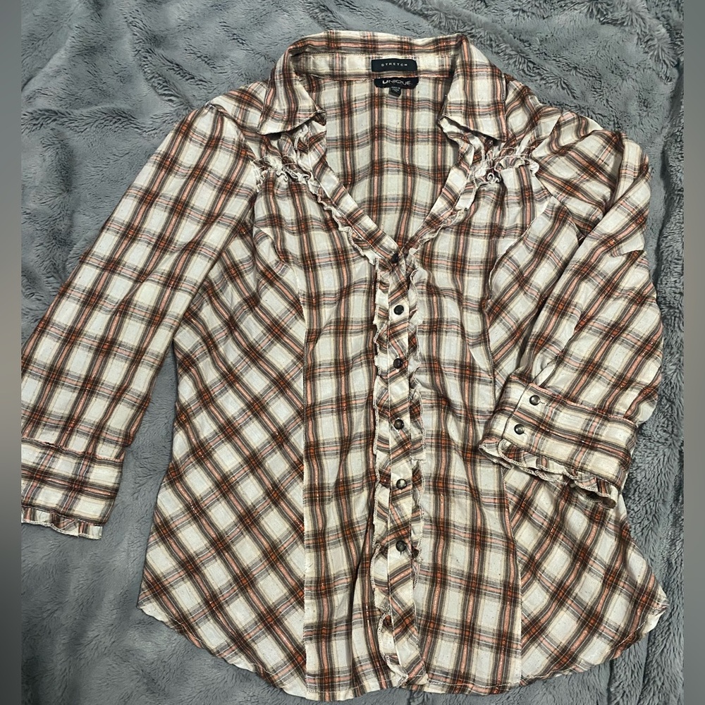 Stretch Unique 3/4 sleeve plaid pattern shirt